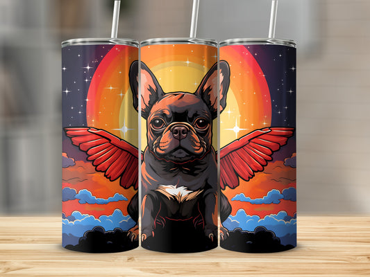 Triptych of tumblers featuring a black French Bulldog with red wings against a sunset sky.