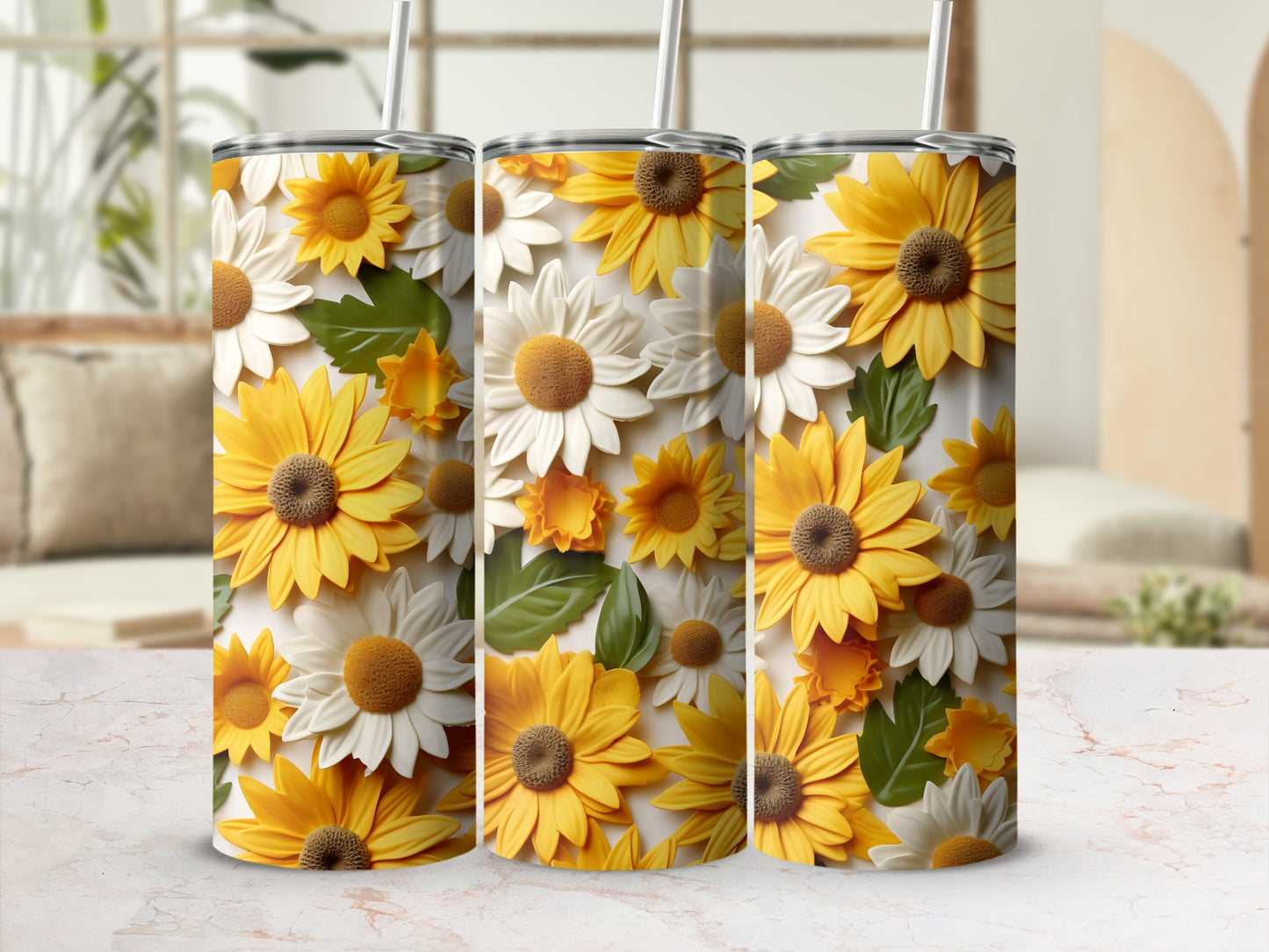 Yellow and White Daisy Flower Design Tumbler Cup