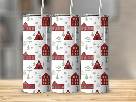 Three tumblers with red houses and green trees pattern.