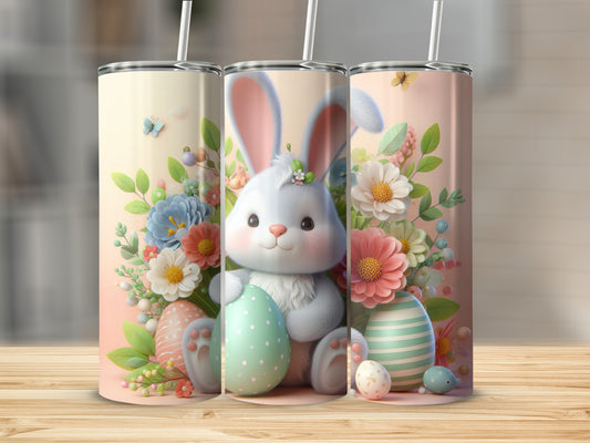 White bunny with Easter eggs and flowers, on a light background.