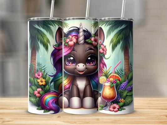 Cute cartoon unicorn with flowers, rainbow mane, and tropical drink.