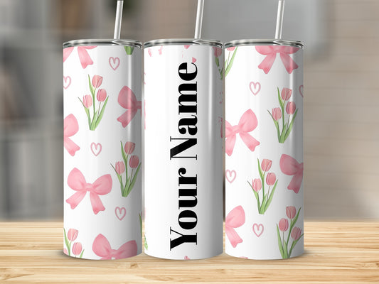Custom Name Pink Bows and Tulips Design Tumbler