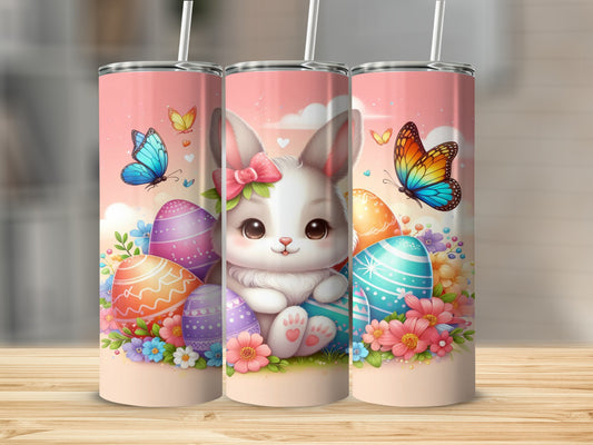 Easter bunny with colorful eggs and butterflies on a pink background.