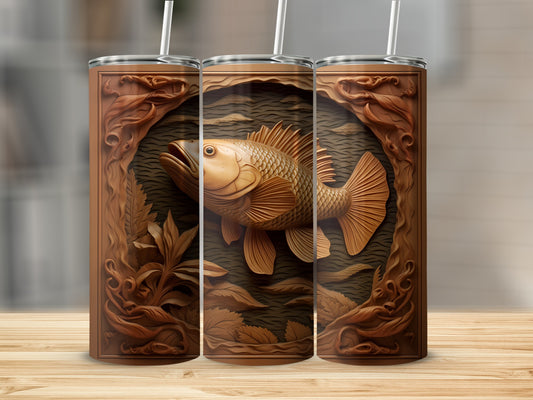 Triptych of a carved wooden fish and foliage on a textured brown background.