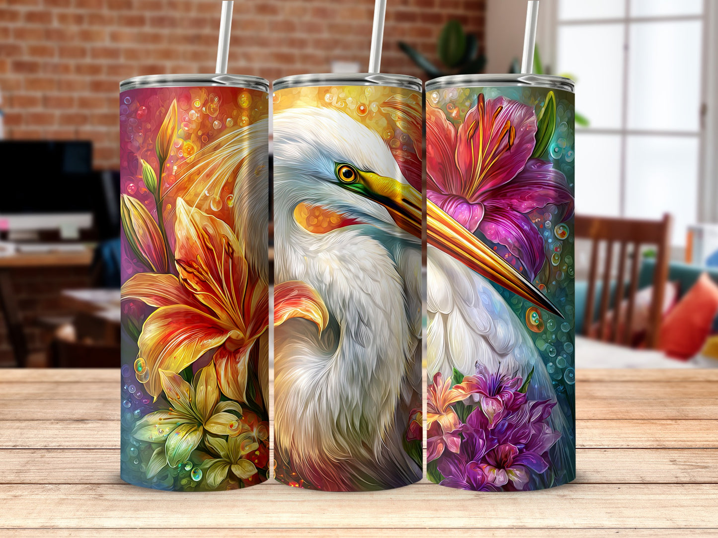 Colorful Artistic Bird and Floral Design Tumbler