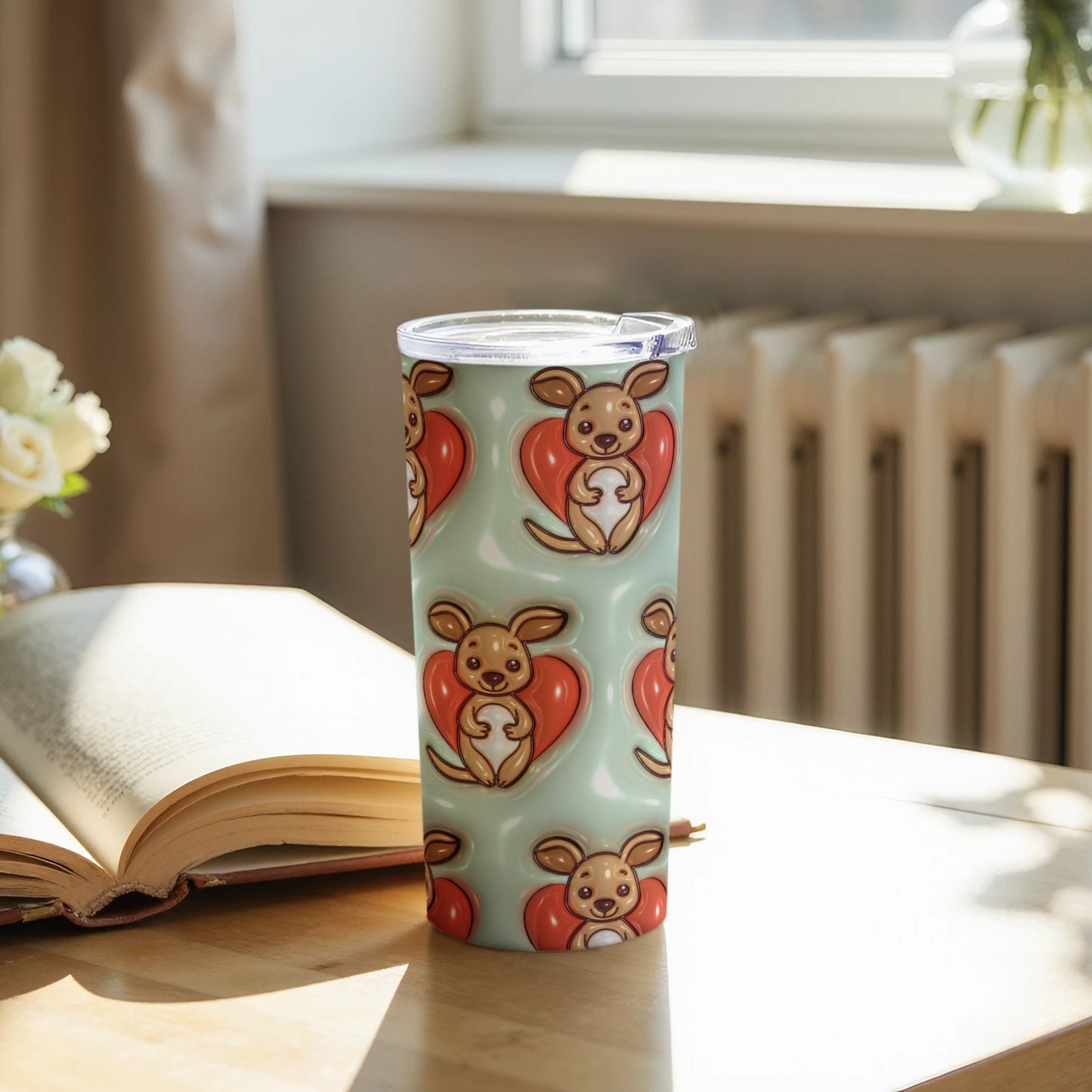 Adorable Kangaroo Heart Pattern on Light Green Tumbler