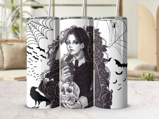 Gothic Artwork Tumbler with Skull and Bat Design