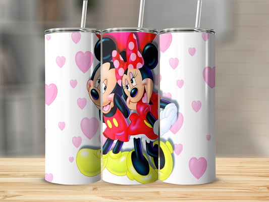 Minnie and Mickey Mouse with hearts background on a tumbler.