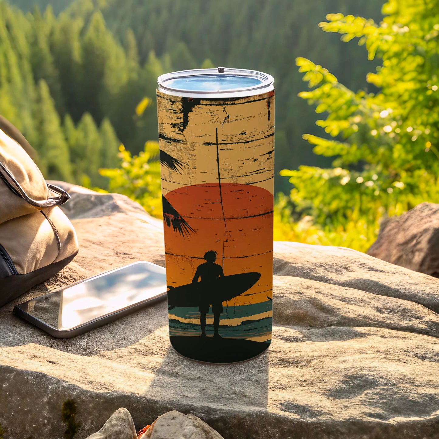 Tall tumbler with sunset surfer graphic and wood grain texture.