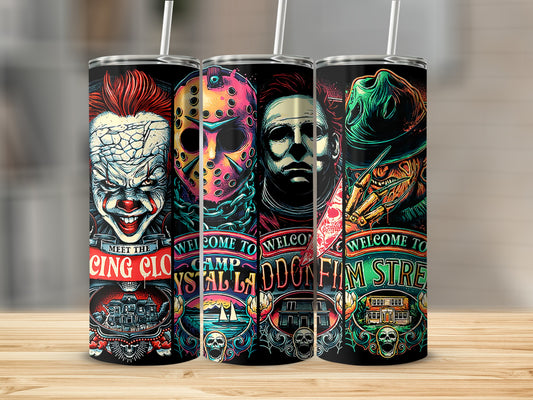 Tumblers featuring Pennywise, Jason Voorhees, Michael Myers, and Freddy Krueger designs.