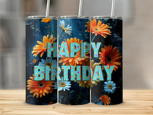 Three tumblers with "Happy Birthday" text and floral designs.