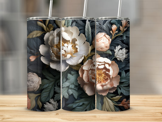 Three tumblers with a dark floral pattern featuring peonies and foliage.