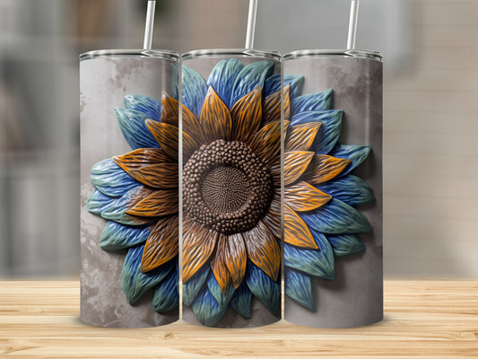 Three tall tumblers featuring a textured sunflower design with blue and orange petals.