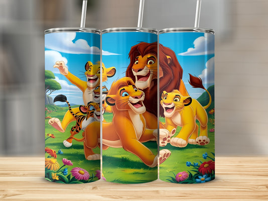 The Lion King characters Simba and Nala playing in a grassy field.