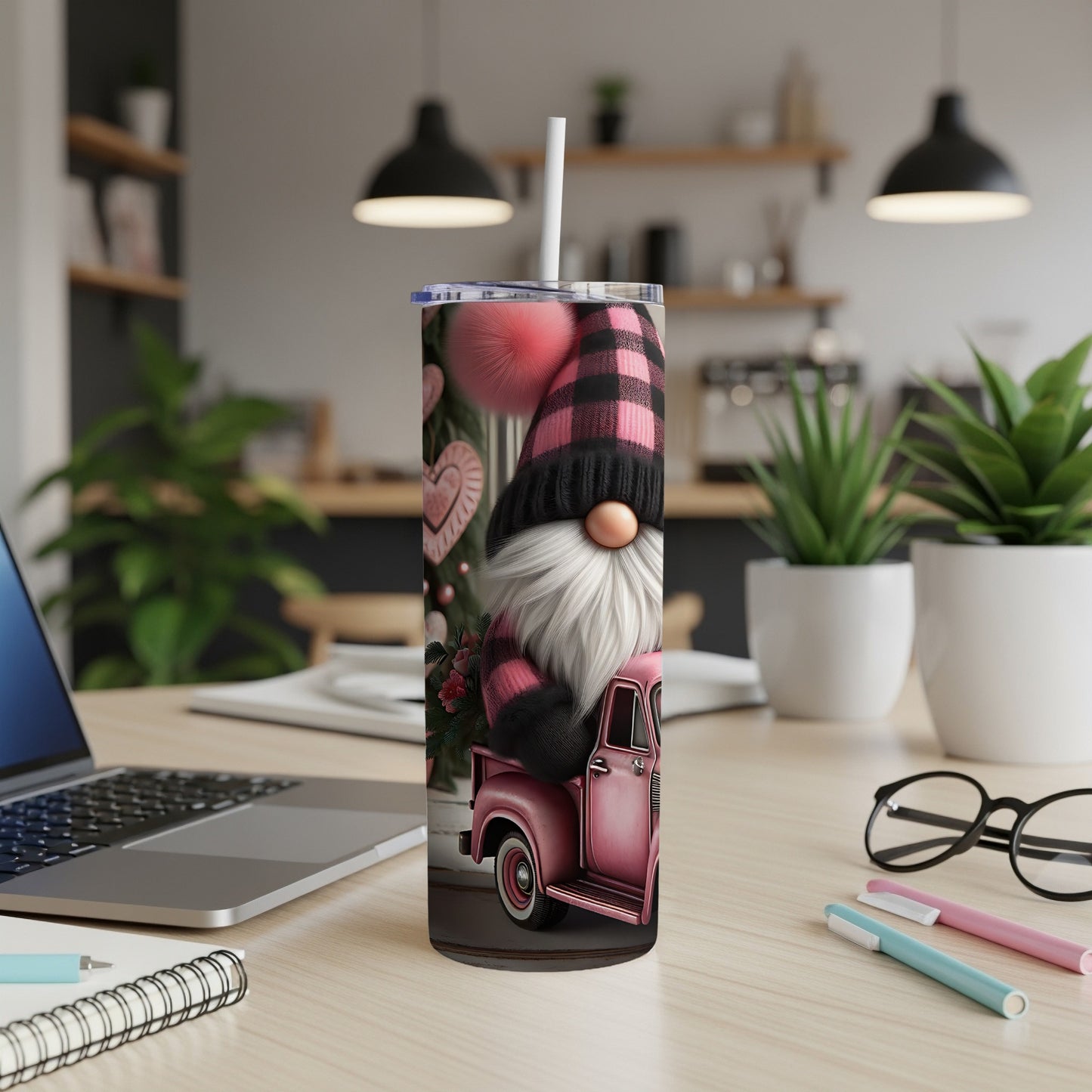 Pink truck with gnome and hearts design on a tumbler.