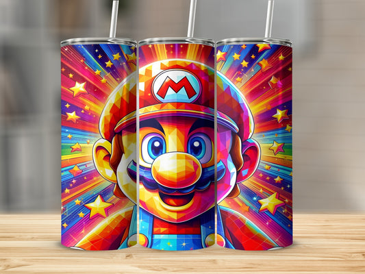 Mario character on colorful, star-filled tumbler.