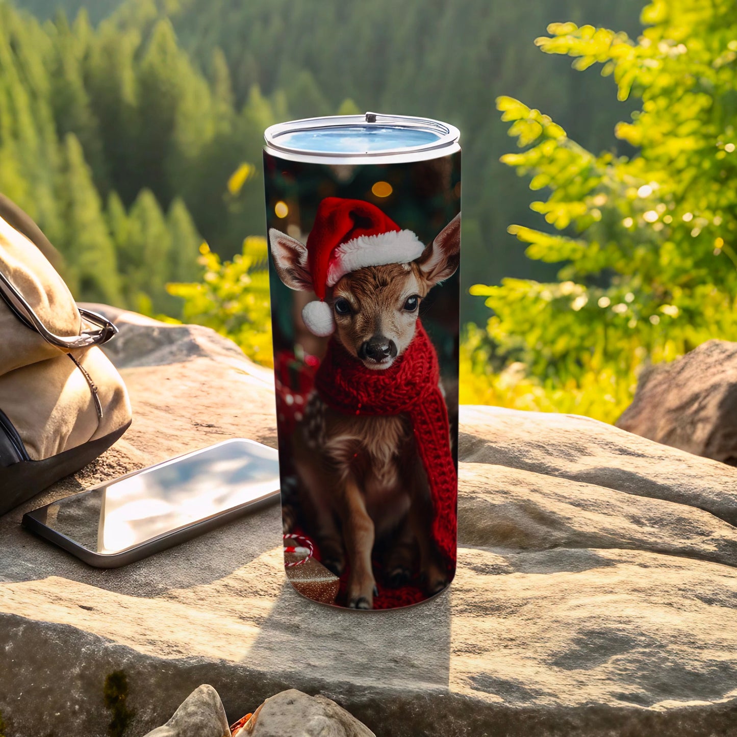 Festive Deer in Santa Hat and Scarf Travel Tumbler