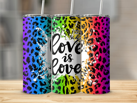 Three tumblers with rainbow leopard print and "love is love" text.