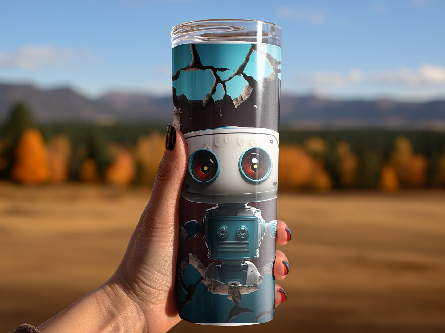 Cute Robot In A Scenic Nature Background Tumbler