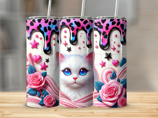 Pink and blue leopard print tumbler with dripping paint, a white cat, and roses.