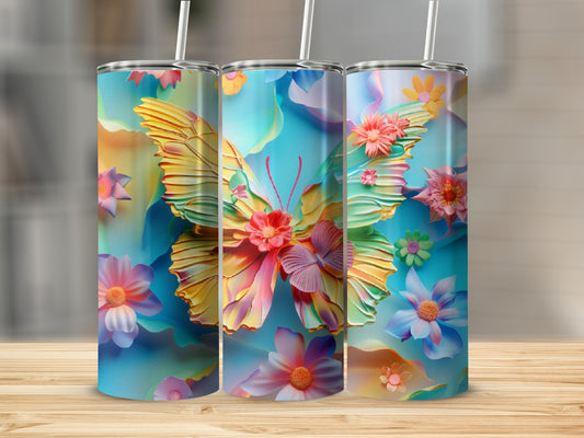 Three tumblers with colorful butterfly and floral designs.