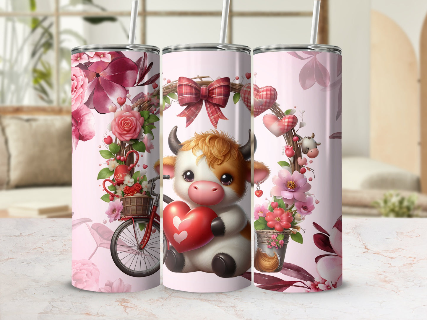 Cute Cow with Heart and Florals Design Tumbler