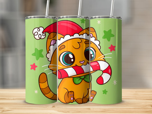 Festive Cute Cat with Candy Cane Christmas Tumbler
