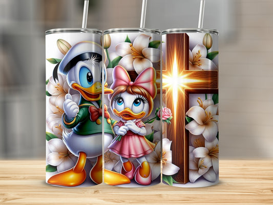 Donald and Daisy Duck with Cross Floral Art Tumbler