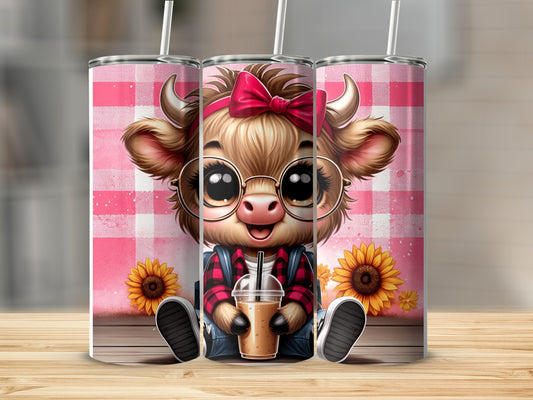 Cute cartoon cow with oversized glasses holding a coffee cup.