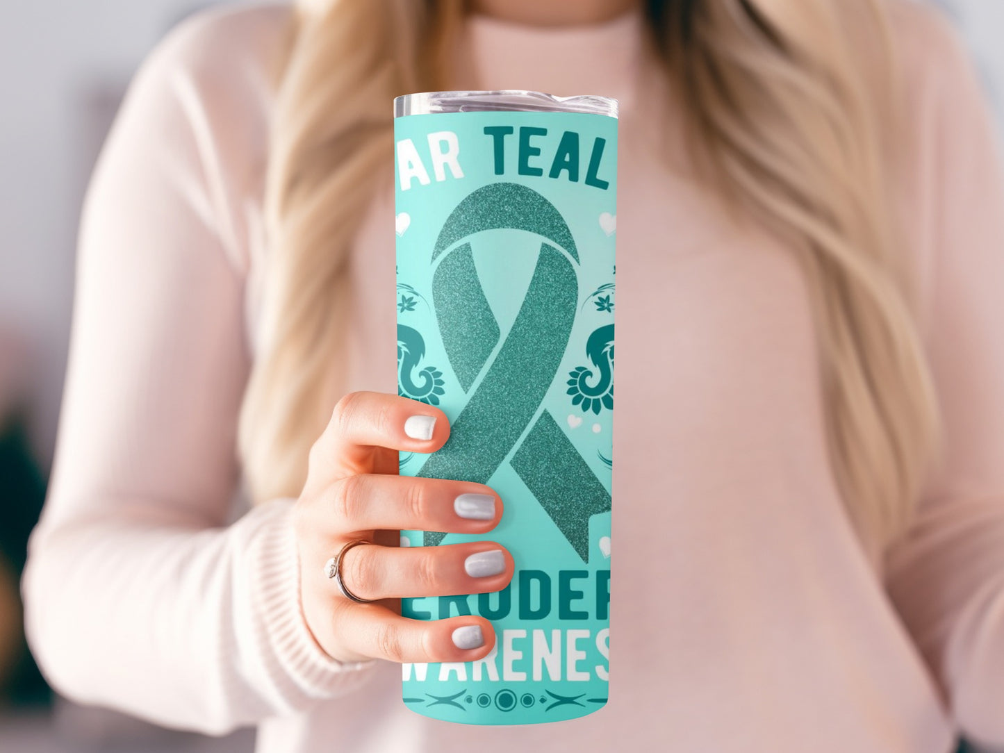 Teal Awareness Ribbon Design Insulated Tumbler Cup