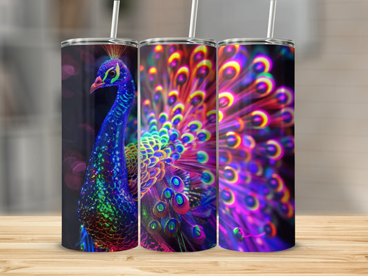 Vibrant peacock design on three tumblers with straws.