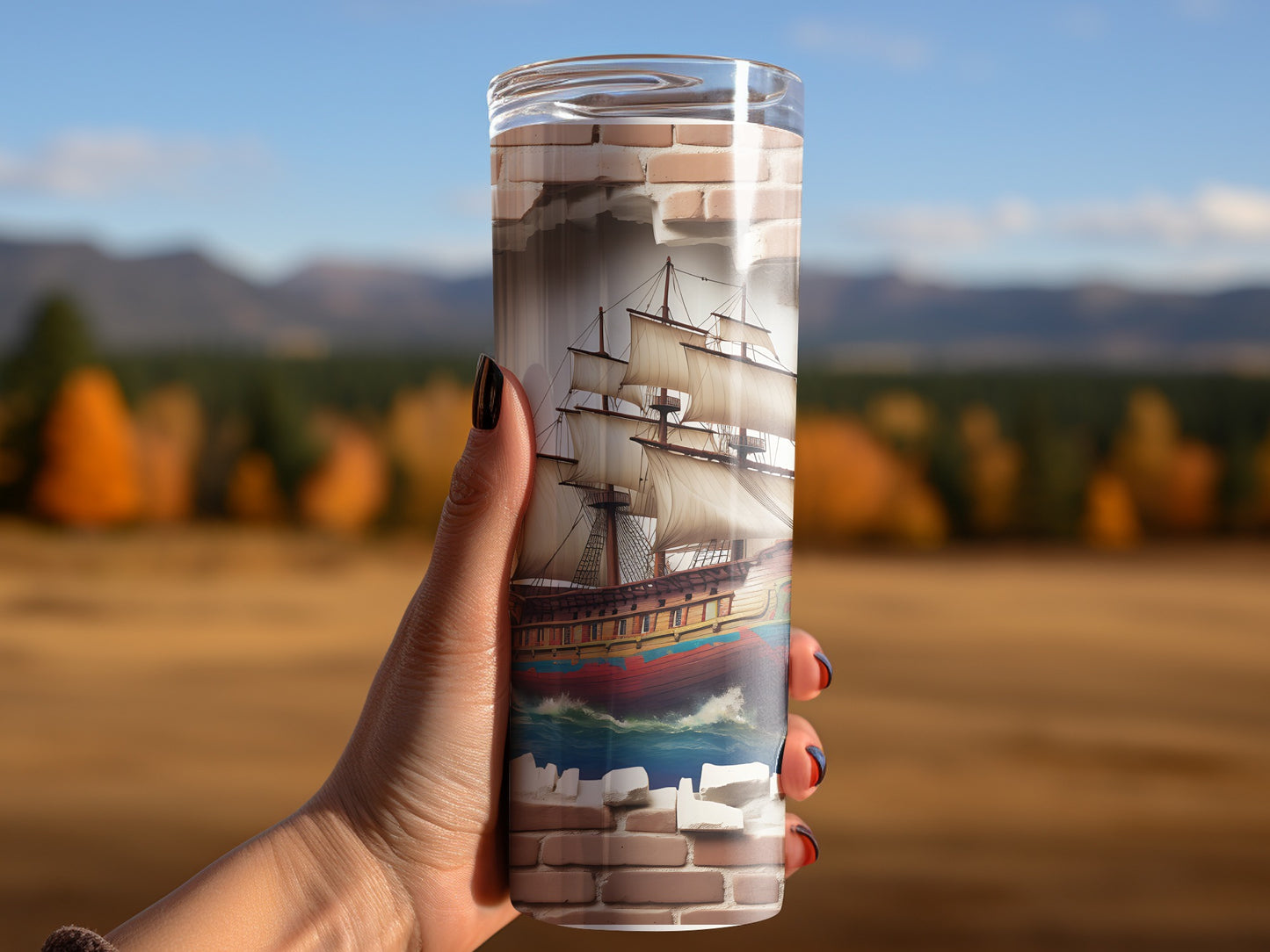 Tall Ship Travel Tumbler with Scenic Landscape