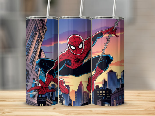 Three Spider-Man tumblers with city skyline and sunset background.