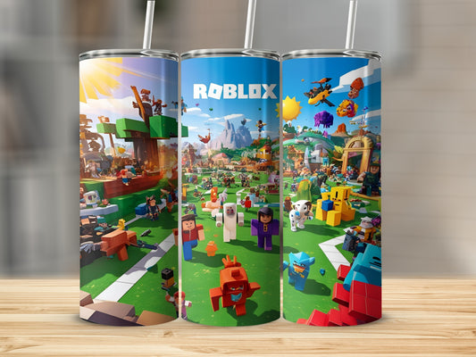 Roblox characters and game scenes on a colorful tumbler.