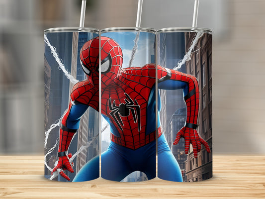 Spider-Man in a city street pose on three stacked tumblers.