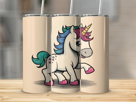 Trio of cartoon unicorns with colorful manes and horns on a cream background.