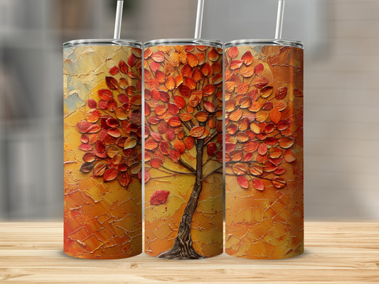 Textured autumnal tree art on three tall tumblers.
