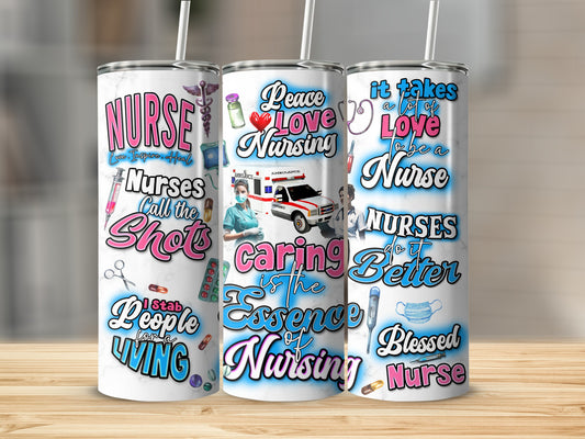 Tumbler with nurse-themed graphics and text.