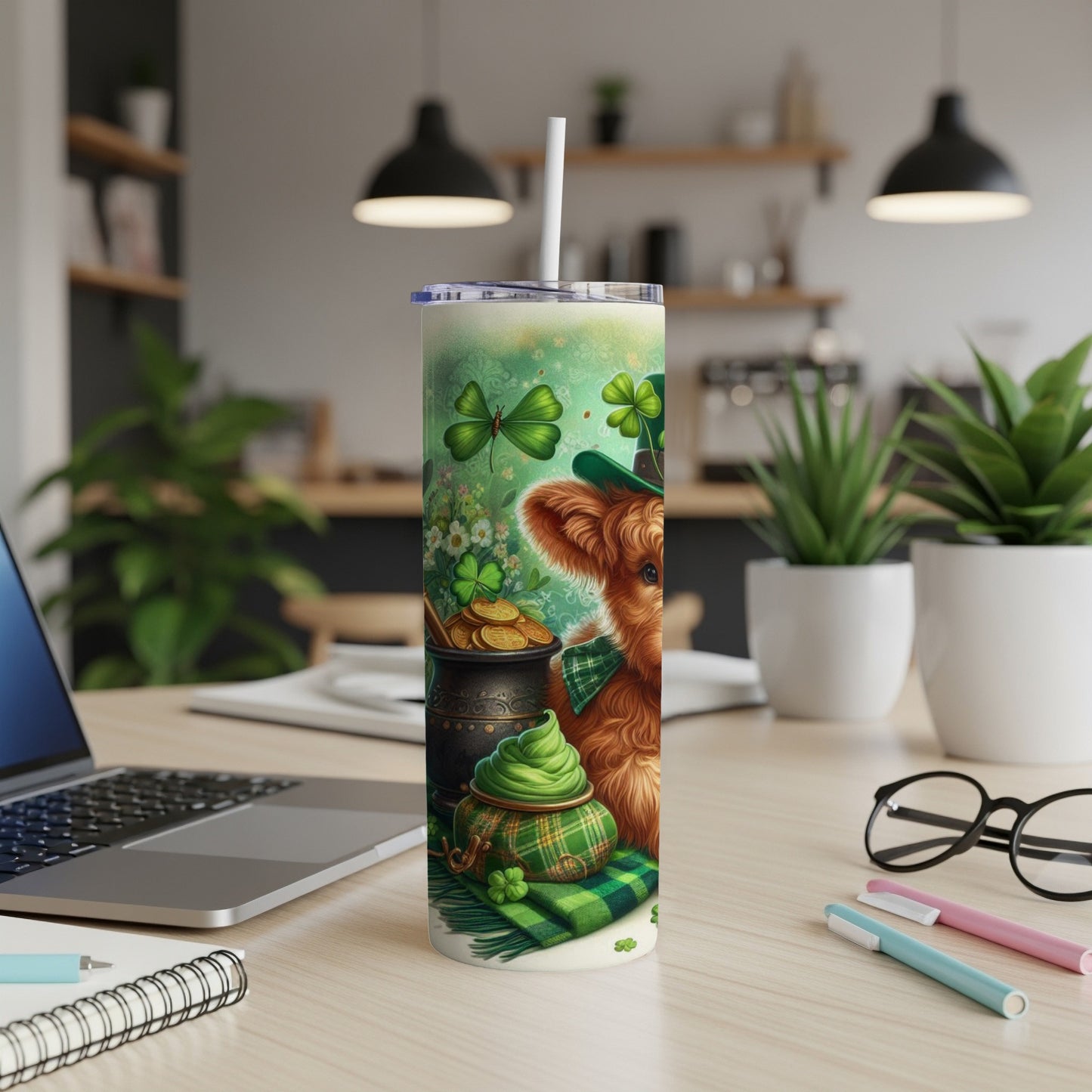 St. Patrick's Day tumbler with a bear, shamrocks, and gold coins.