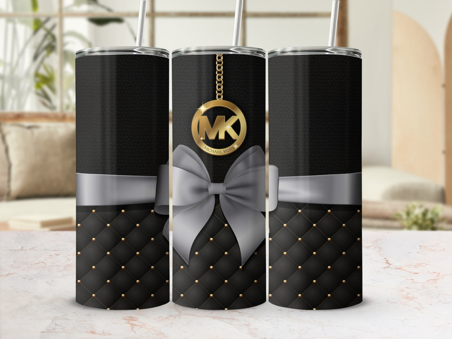Elegant Black Tumbler with Gold Accent and Grey Ribbon