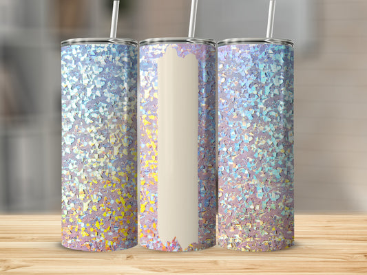 Three tumblers with a holographic glitter design and white straws.