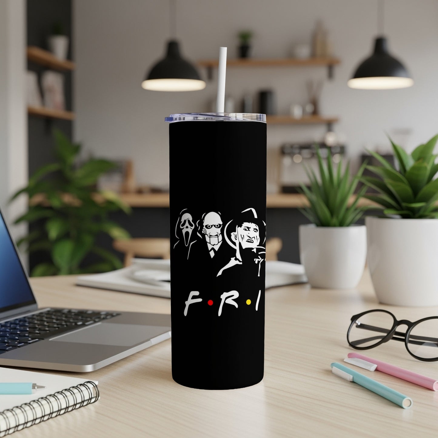 Black tumbler with horror icons in "Friends" logo style.