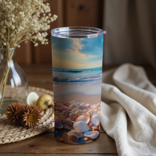 Serene Beach Scene with Seashells Tumbler