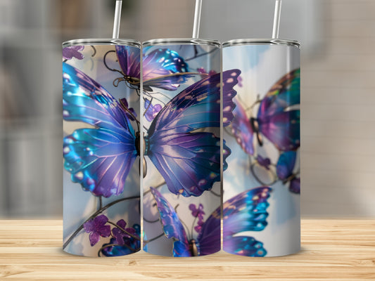 Three tumblers with iridescent purple and blue butterfly designs.