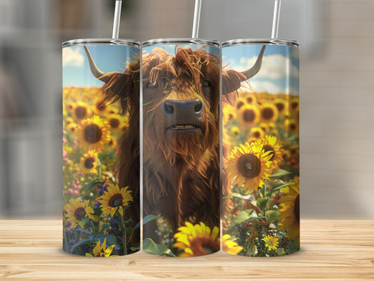Highland cow in a sunflower field on a patterned tumbler.