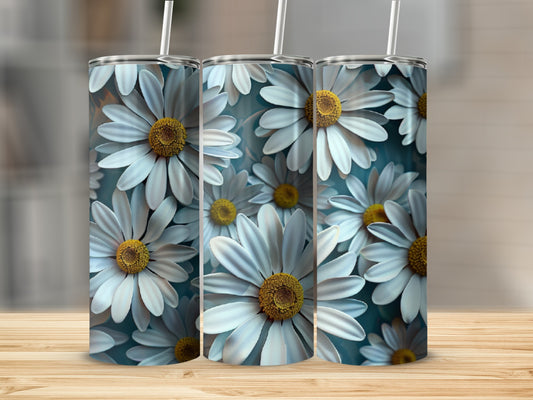 Three tumblers with a repeating white daisy floral pattern.