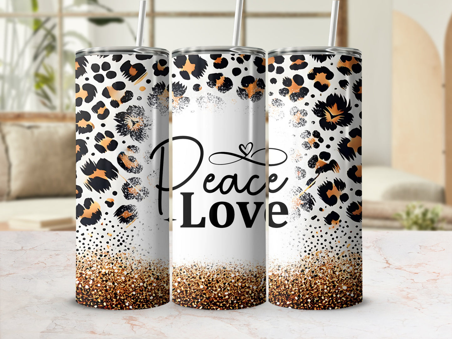 Peace Love Leopard Print Insulated Tumbler with Straw