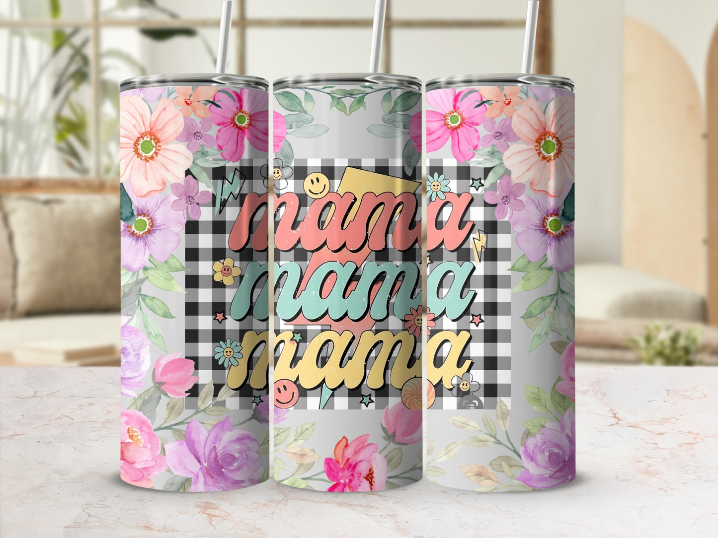 Floral Mama Checkered Pattern Tumbler Cup