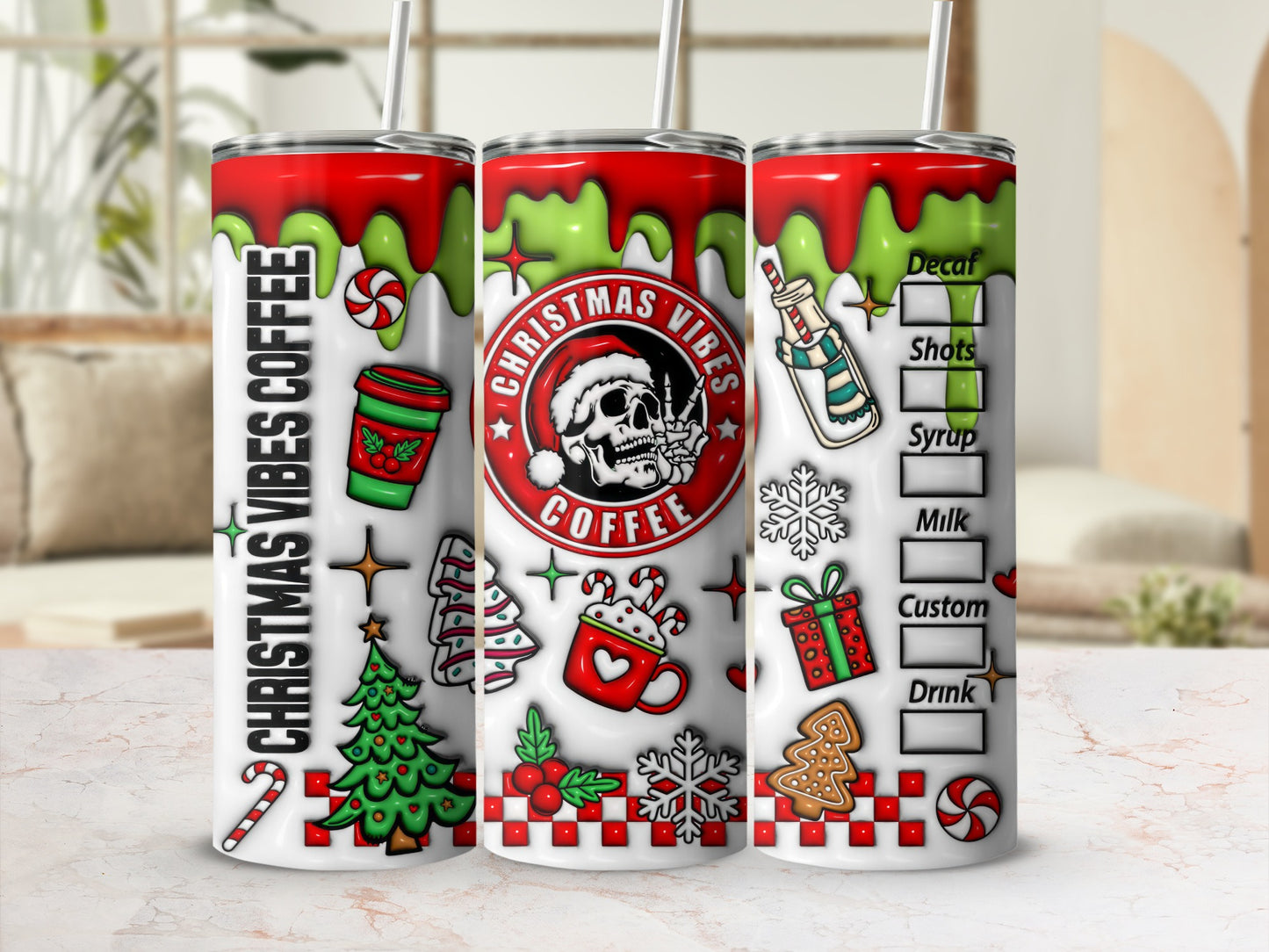 Christmas Vibes Coffee Themed Skinny Tumbler Cups