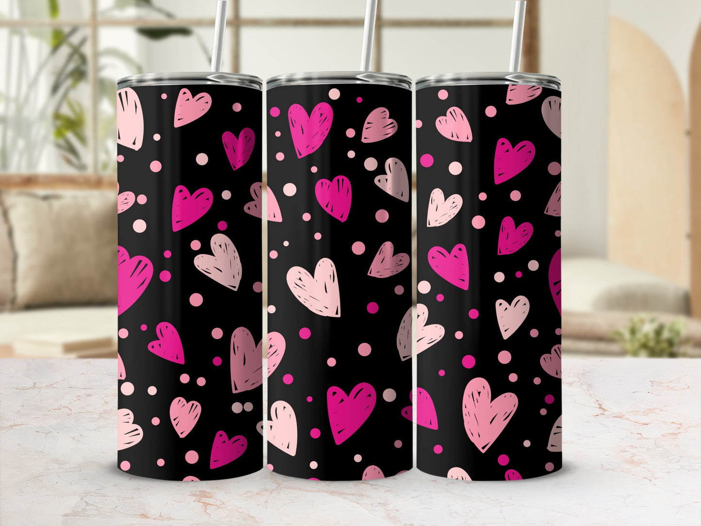 Pink and White Heart Pattern on Black Skinny Tumbler